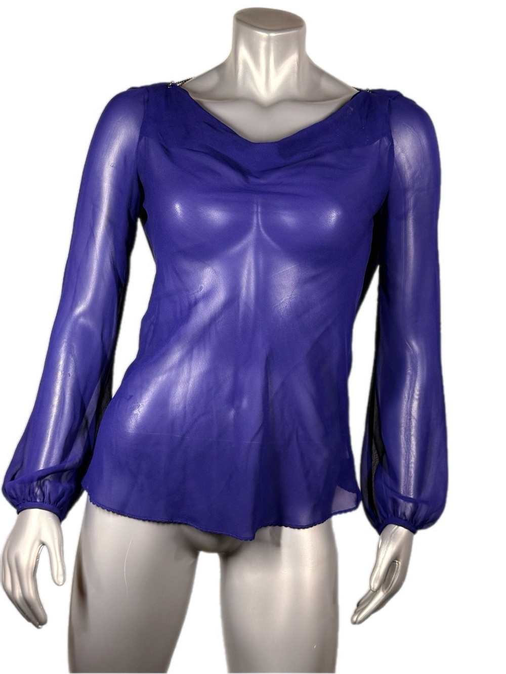 Armani Exchange | Vintage Sheer Purple Long-Sleeve Blouse Chain Neckline back - Picture 2 of 14